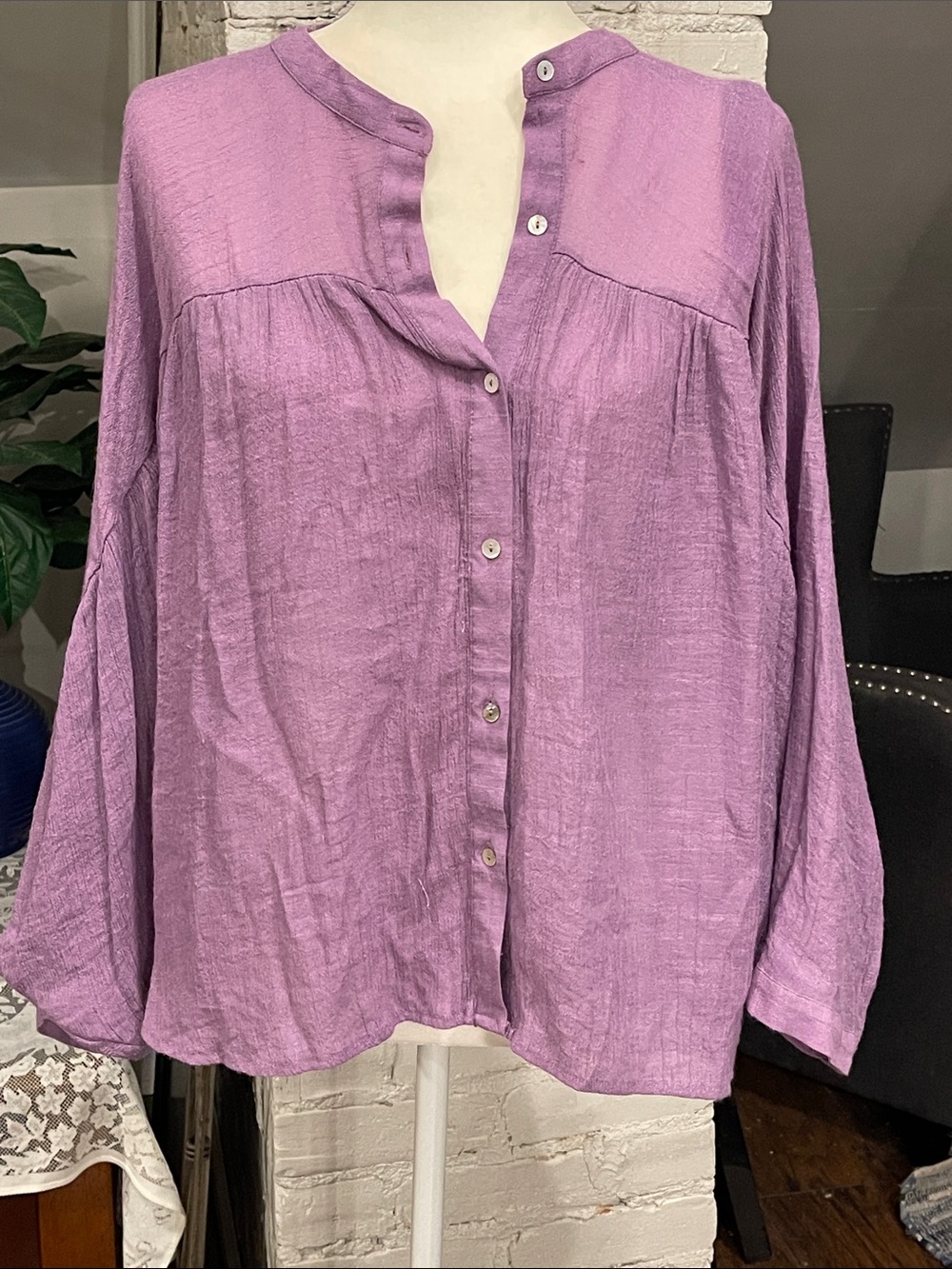 eesome Lavender Button-Down Band Collar Blouse